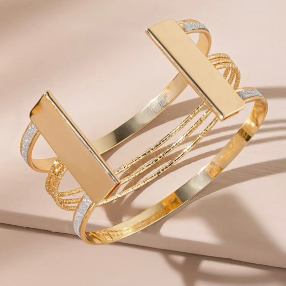 Glitter Detail Cuff Bangle Gold Bracelet For Women Wedding Party Gift - Picture 2 of 3